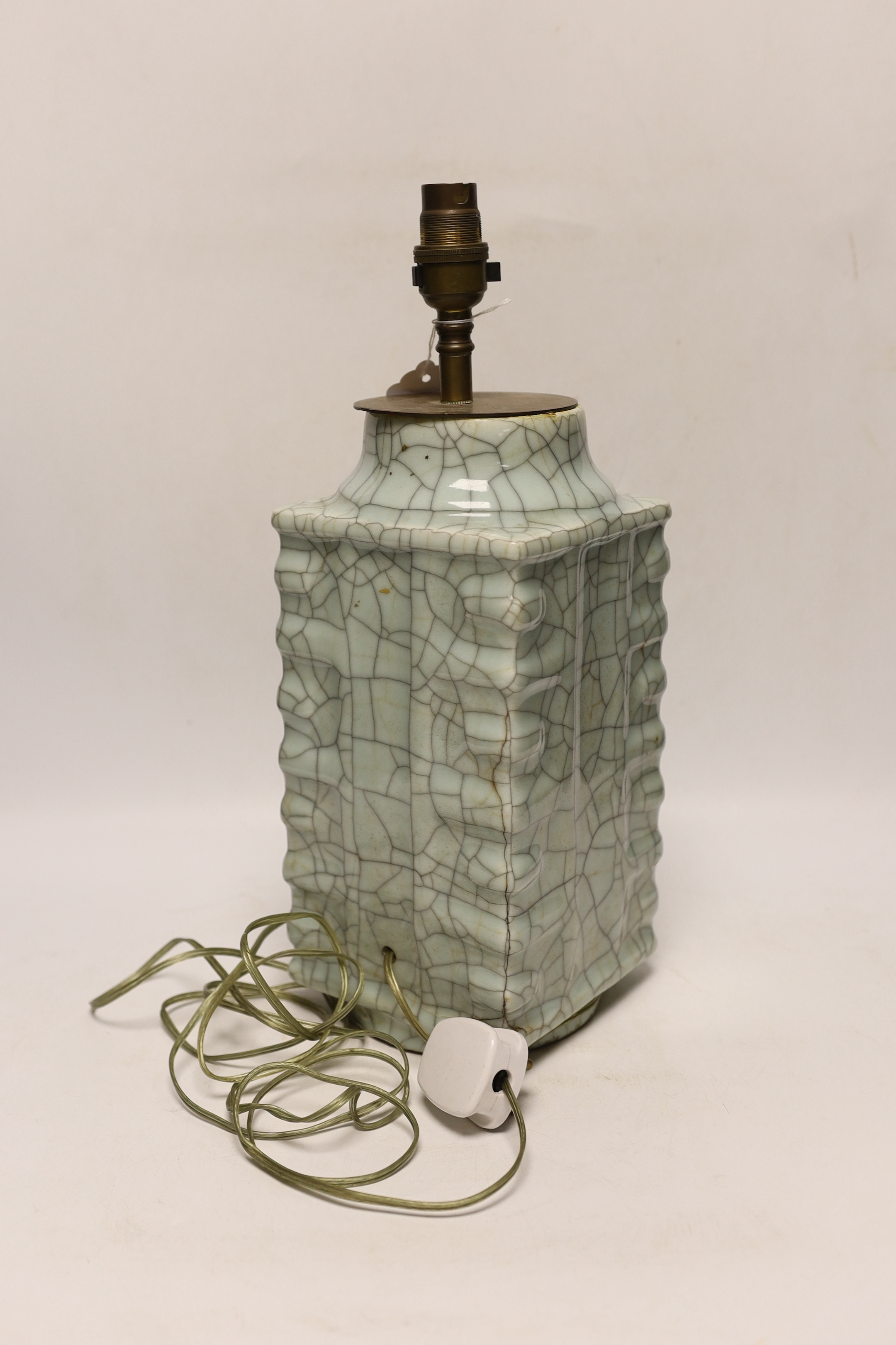 A Chinese crackle glaze Cong vase converted to a table lamp, early 20th century, 29cm high